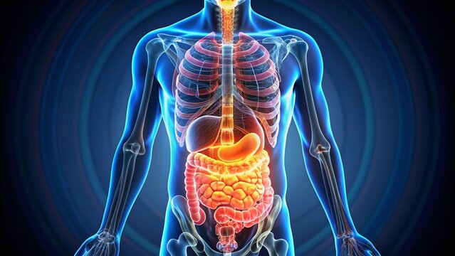 Vibrant, glowing illustration of the human digestive system, including esophagus, stomach, small intestine, and liver, set against a dark, mysterious background, highlighting bodily processes.