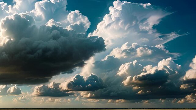 Video animation of vast sky filled with an array of clouds. The clouds vary in density and size, with some appearing fluffy and white while others are denser and have a gray undertone