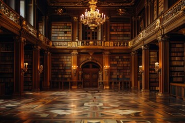 Obraz premium An empty grand library, with towering bookshelves, ancient tomes, and golden chandeliers illuminating the space. 