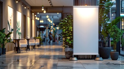 Modern indoor mall with blank advertising billboard mockup