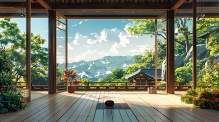 Fototapeta premium Traditional Japanese House Interior Room with Serene Garden View, Emphasizing Tranquility, Cultural Aesthetics, and Harmony with Nature, Ideal for Illustrating Japanese Architecture and Zen Lifestyle