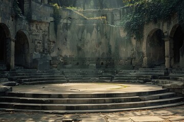 Fototapeta premium An empty stage in an ancient Greek amphitheatre, with marble steps, stone columns, and vines creeping up the walls. 