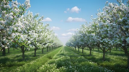 Naklejka premium Orchard in full bloom with rows of flowering trees under a clear blue sky, providing a fresh and rejuvenating background. 