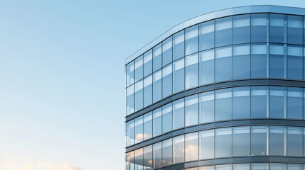 A tall, modern office building with a curved facade of glass reflecting the sky