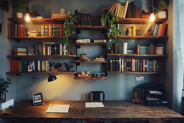Wall-mounted shelves with neatly arranged books and decor 