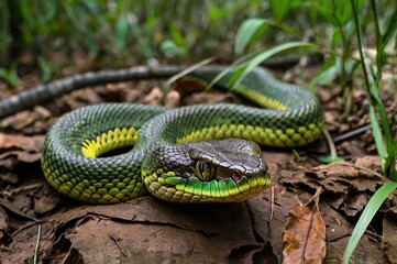 Fototapeta premium A very dangerous python snake in the forest. 4K Wallpaper.