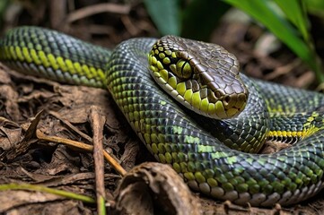 A venomous green viper python snake on the tree with green eyes looking with an angry look. Generative AI.