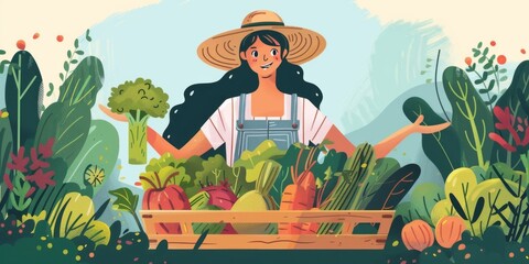 A woman is holding a basket of vegetables, including broccoli and carrots