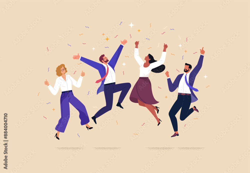 Aufkleber business team success. vector illustration in flat style of a diverse group of people jumping for jo