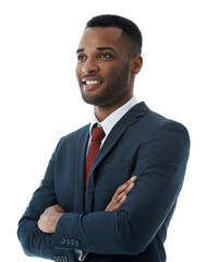Businessman, thinking and confidence in studio with smile for professional career in corporate law, legal practice and justice. Male lawyer, arms crossed and pride for attorney with white background.