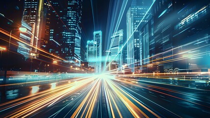  High-speed light trails in the city, futuristic background with skyscrapers and street lights at night. Concept of technology, data transfer,technology development