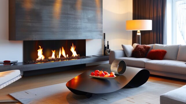 A contemporary living room with a bioethanol fireplace and a sculptural coffee table