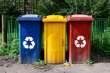 Recycling bins. Colorful trash cans in a row. Recycling concept. Garbage recycling . cleaning ecoligy concept
