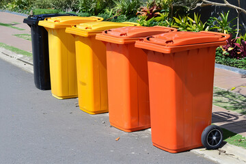 Recycling bins. Colorful trash cans in a row. Recycling concept. Garbage recycling . cleaning ecoligy concept
