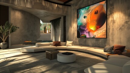 A contemporary living room with a digital art display and a modular seating system