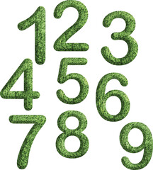 3d of the number 0,1,2,3,4,5,6,7,8,9 or 1-9 is made of green grass, suitable for number template, go green concept