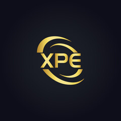 XPE logo. X P E design. White XPE letter. XPE, X P E letter logo design. X P E letter logo design in GOLD, GOLDEN LOGO, THREE, style. letter logo set in one artboard. X P E letter logo vector design.