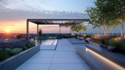 Obraz premium A contemporary rooftop garden with a pergola and an infinity pool