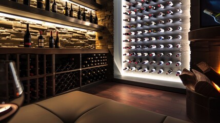 A contemporary wine lounge with a custom wine rack and mood lighting