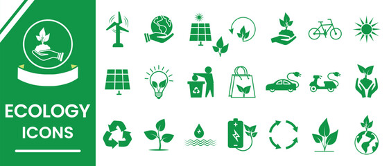 Ecology icon, vector set. Renewable energy power icon, Environment protection icon,  recycle, reusable line icon set. Eco friendly linear sign, icon collection.  Set of green eco icons vector.