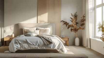 A minimalist bedroom with a statement headboard and a neutral color palette