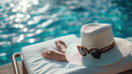 A clean, high-contrast image of a white wide-brimmed hat and a pair of sunglasses resting on a lounge chair by a pool
