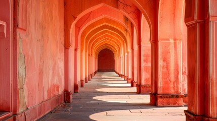 Obraz premium A red stone hallway with arched ceilings creates a path into the distance