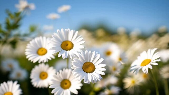 Field daises background swaying in wind close up. White blooming chamomile flowers summer field meadow close-up. Wildflowers in nature spring. Environmental conservation, ecosystem. beautiful daises
