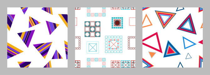 Seamless pattern of geometric shapes. Bright seamless pattern. Set of 3 patterns. Design for fabric, wallpaper, wrapping paper. Vector