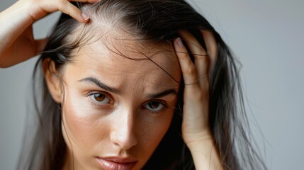 Obraz premium Worried woman examining thinning hair and receding hairline. Hair loss issues and beauty concerns with anxious expression.