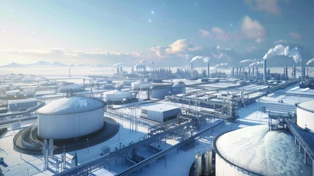 A vast industrial complex with a massive LNG storage tank designed for holding liquified natural gas at low temperatures, showcasing modern energy infrastructure.