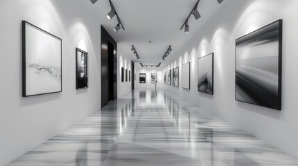 Naklejka premium A modern art gallery hallway with track lighting and monochrome artwork
