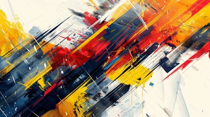 Abstract streaks of red, yellow, blue, and black paint splattered on a white background