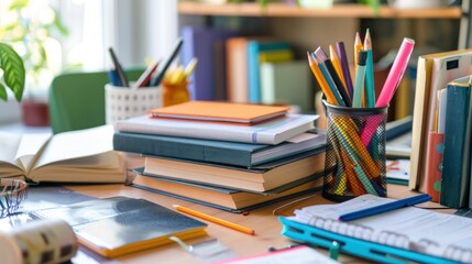 Close-up of home schooling curriculum books and supplies on a desk.