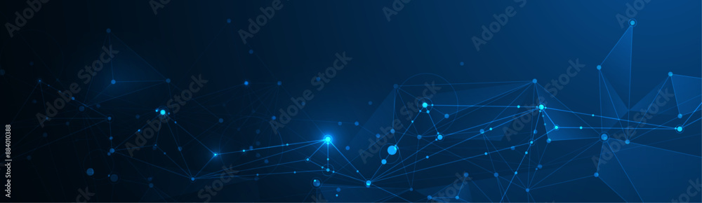 Poster Vector molecule. Abstract internet network connection design for web site. Digital data, network communication, connected line with dot on blue background. Science and technology futuristic concept

