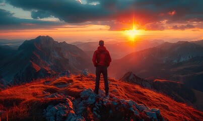 Fototapeta premium A man, bathed in the glow of a breathtaking sunset, stands at a mountain's edge, taking in the view.