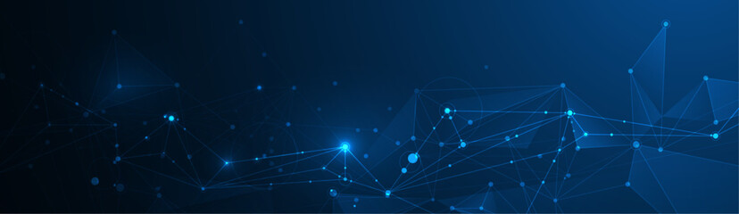 Vector molecule. Abstract internet network connection design for web site. Digital data, network communication, connected line with dot on blue background. Science and technology futuristic concept
