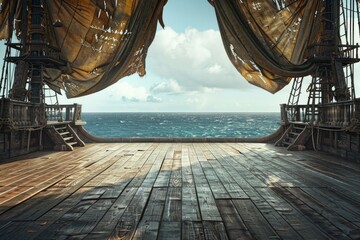 Naklejka premium An empty stage on a pirate ship deck, with wooden planks, tattered sails billowing above, and the ocean horizon in the background. 