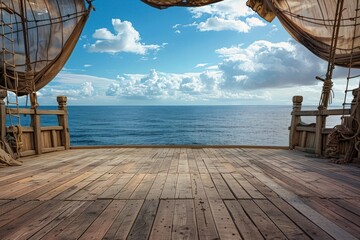 Fototapeta premium An empty stage on a pirate ship deck, with wooden planks, tattered sails billowing above, and the ocean horizon in the background. 