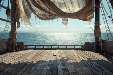 Naklejka premium An empty stage on a pirate ship deck, with wooden planks, tattered sails billowing above, and the ocean horizon in the background. 