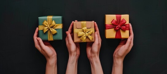 Three hands holding gifts, green, brown and yellow, on black background.