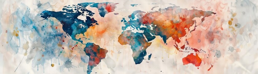 A visually striking global watercolor map adorned with overlaid digital analysis data