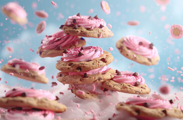 A pile of chocolate chip cookies with pink frosting falling from the sky 