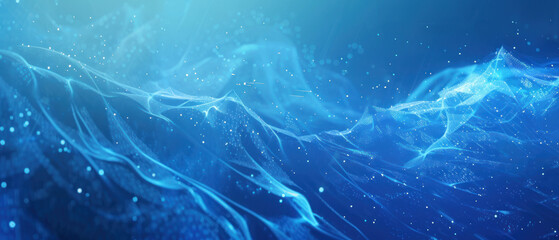 Abstract blue wavy background with sparkling particles.