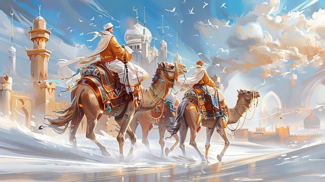 illustration of a Hijri new year, camels crossing desert under islamic caligraphy , surrounded by white islamic ornaments, , a man from behind looking to the camels and waving with giantic palm tree b