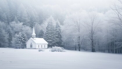 A serene white church stands in a snowy landscape surrounded by snow-covered trees, creating a peaceful and tranquil winter scene.