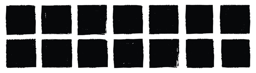 Brush stroke, ink paint brush, grunge lines. Black square shapes with ripped jagged borders on white background. Vintage grunge boxes for collage, text, banner, sticker, poster design.