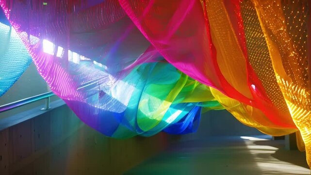 The fabric on the bridge catches the light in a dazzling display making it appear as if the entire structure is dd in shimmering colors.