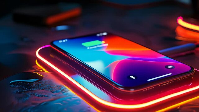 Futuristic smartphone with battery charging indicator on, placed on neon glowing wireless charging pad, dark surface, night, advanced technology, modern gadget, wireless power transfer concept