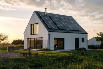 Obraz premium house with solar panels on the roof, white walls and black windows, green garden in front of it